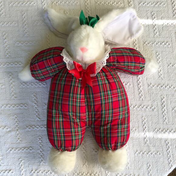 VTG L’Art de Chine Plaid Christmas Bunny Plush Holiday Decor Lg 20" Cottagecore - Picture 7 of 10